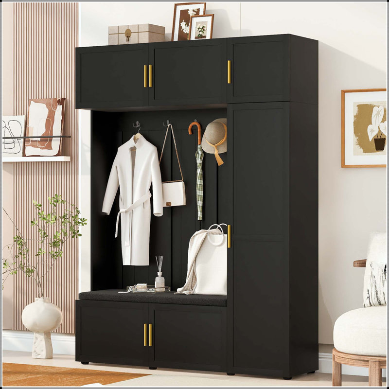 American Style 4-in-1 Hall Tree with Padded Bench & 4 Hooks, Antique Black