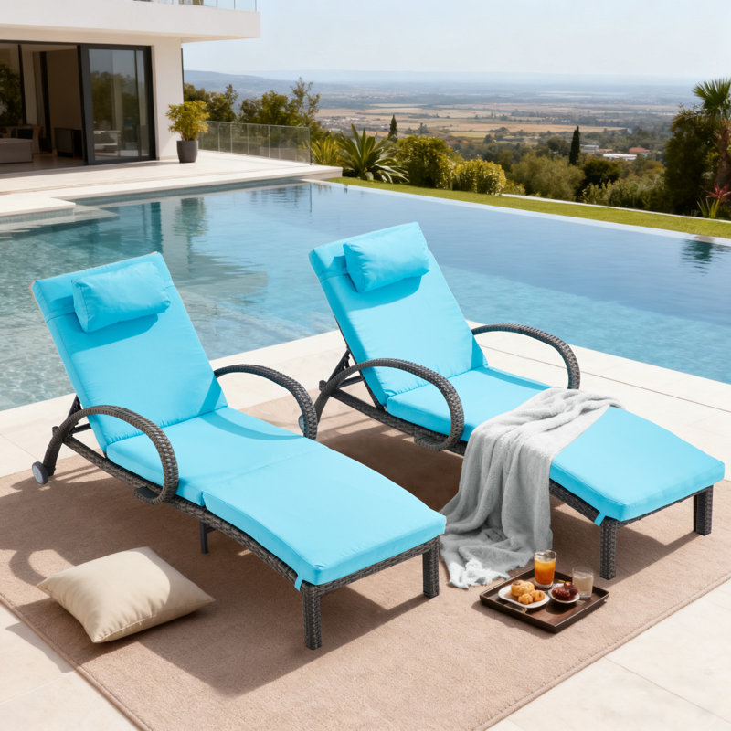 Patio Outdoor Lounge Chairs Set Of 2,Adjustable 5-Position Outdoor Chaise Lounge With Armrests & Wheels For Poolside, Backyard, Deck