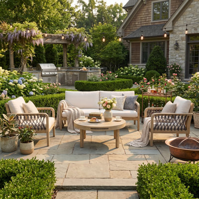4-Piece Acacia Wood Outdoor Patio Set with Rope Woven Armrests
