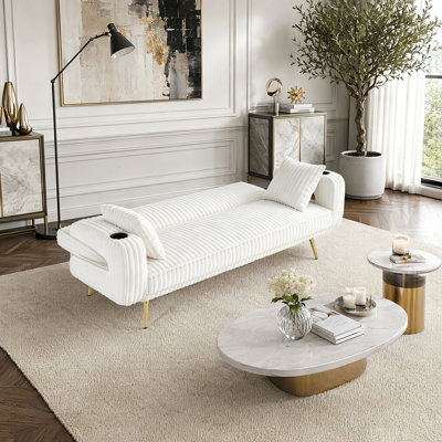 Corduroy Convertible Sleeper Sofa Couch Futon Sofa Bed with 2 Pillows and Cup Holders