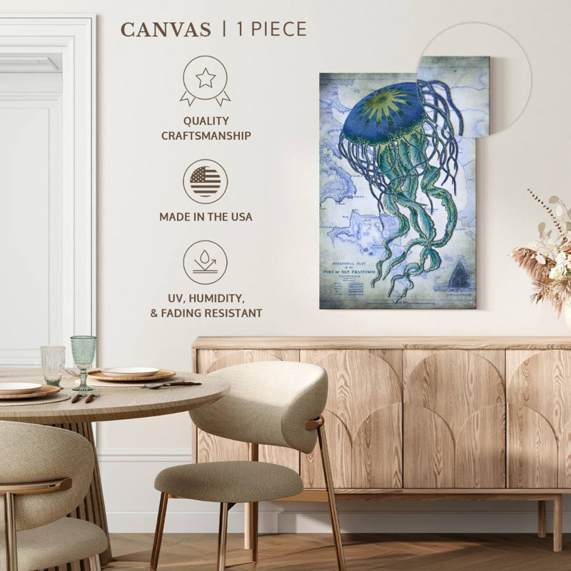 Jellyfish On Image Of Nautical Map, 36" H x 24" W