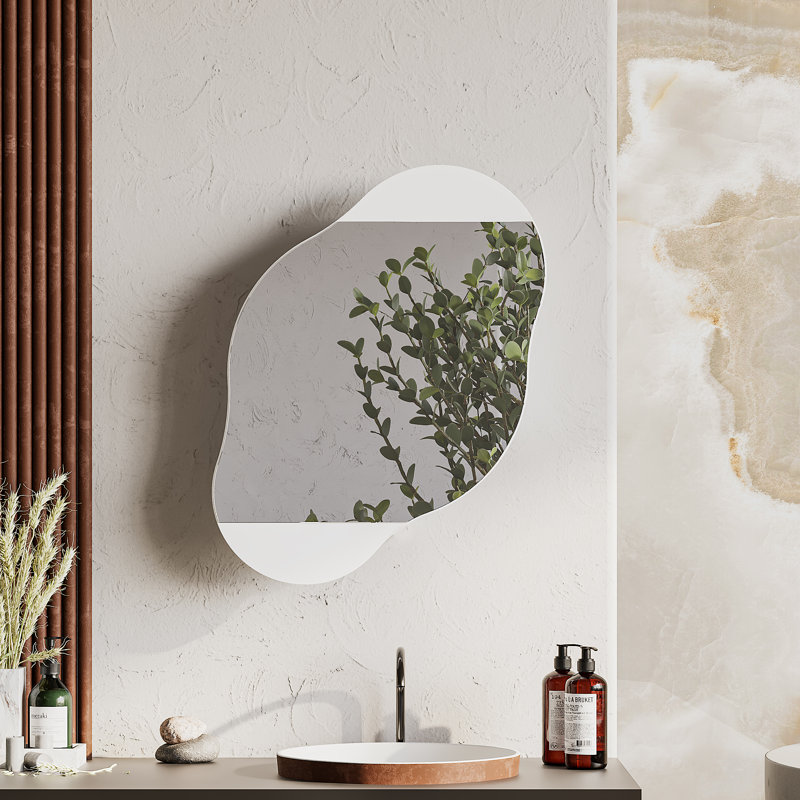 Burko Wavy Wall Mirror with Hidden Storage Shelves, White
