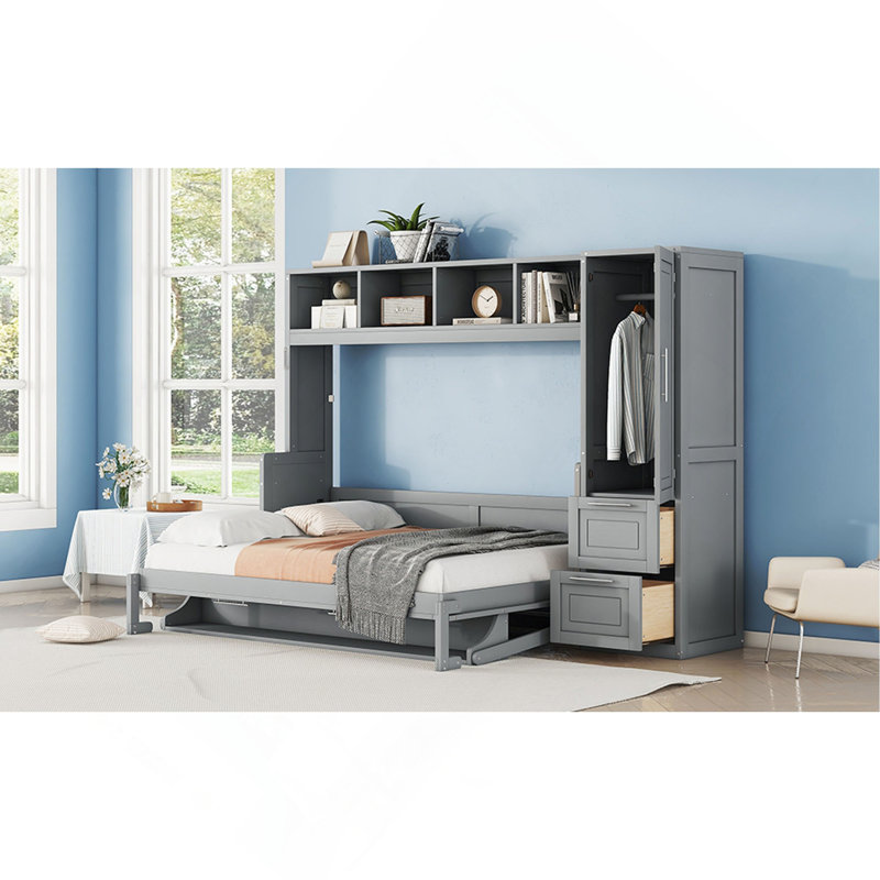 Lit escamotable Murphy avec placard et tiroirs, Gris, Full