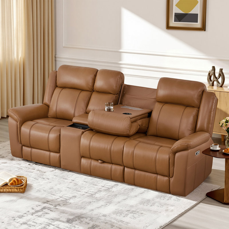 3-Seat Dual Motor zero clearence recliner Genuine Leather Power Recliner Sofa With Power Headrest And Console, Saddle