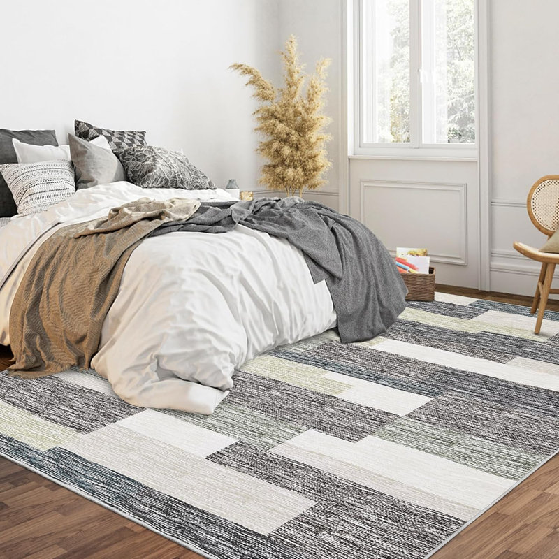 2x6 Modern Runner Rug, Geometric Patchwork, Non-Slip, Washable, Low Pile, Hallway, Foldable, Contemporary Carpet, Laundry, Gray, Camel.