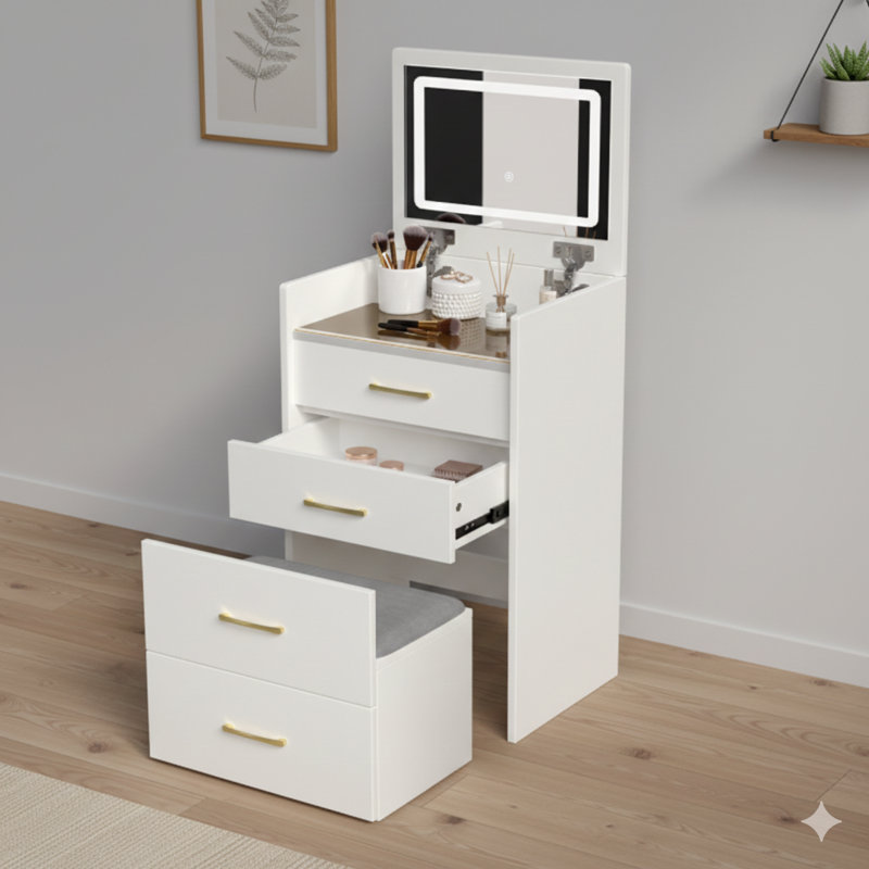 Bureau de coiffeuse 3 en 1 avec miroir relevable. Un petit ensemble de coiffeuse à maquillage présentant un bureau en verre visible, une conception compacte avec trois tiroirs. Sert de coiffeuse pour les chambres à coucher.