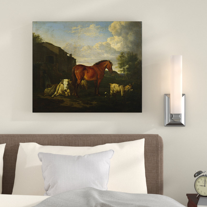 « animaux près d’un bâtiment », impression, H 18 po x l 27 po x P 1,5 po, Pas de tapis, Toile tendue
