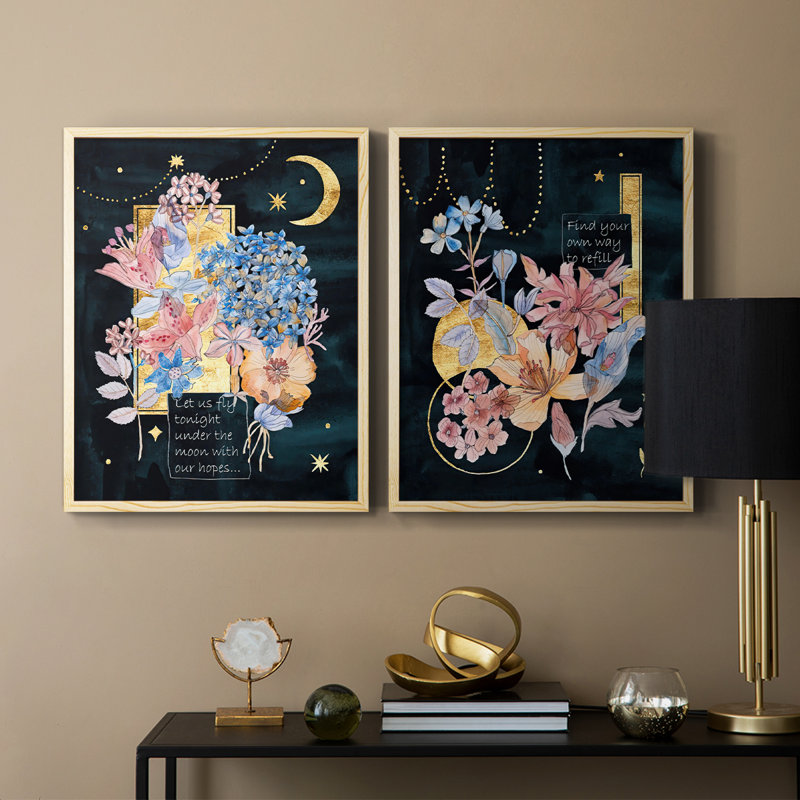 «Moonlight Flowers I», reproduction encadrée de qualité supérieure - prête à être accrochée - aucun clou requis - aucun clou requis
