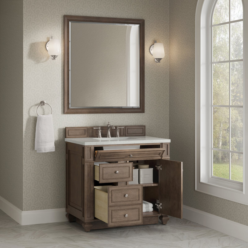 Meuble-lavabo simple 36 po Calisto, Noyer blanchi, Lime délice quartz, 8 po