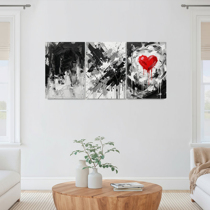 Ensemble de 3 tableaux abstraits en toile tendue, motif cœur noir, blanc et rouge, H 30 po x l 60 po