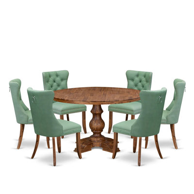L'ensemble de salle à manger 7 pièces Mid Century comprend une table et 6 chaises en tissu de polyester vert saule avec dossier capitonné, noyer antique