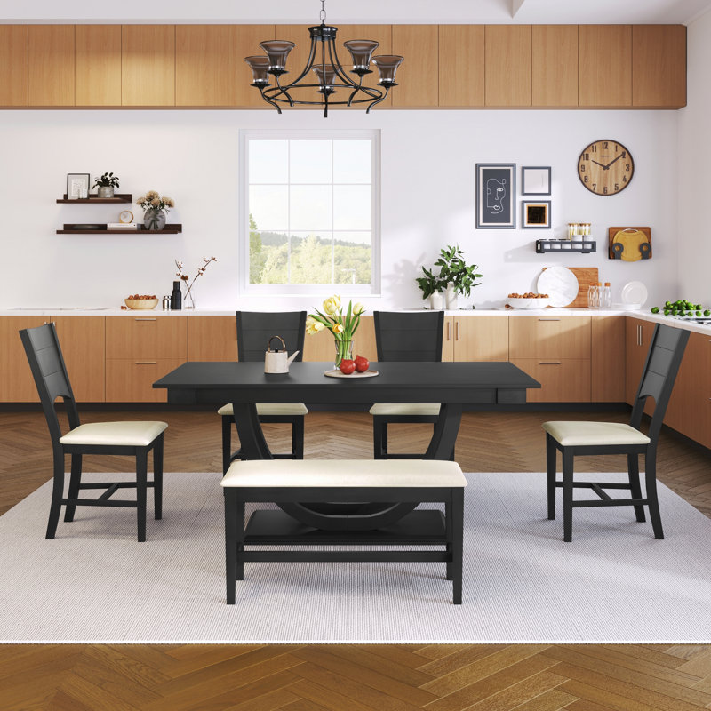 Ensemble de salle à manger 6 pièces en bois massif avec pieds demi-ronds, chaises rembourrées et banc, Gray