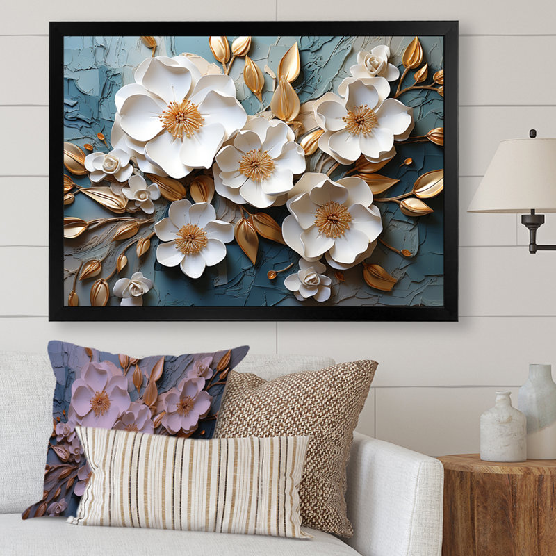 Blanc et or, charmante fleur printanière, V - Fleurs, art mural, Cadre d'angle fermé noir, H 12 po x l 20 po x P 1 po