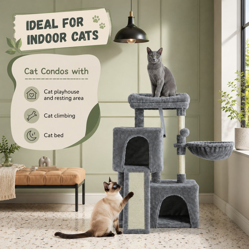 Ce modèle amélioré d'arbre à chat gris de 35,8 pouces pour chats d'intérieur combine un lit double, un hamac, un griffoir, un perchoir et une balle jouet.