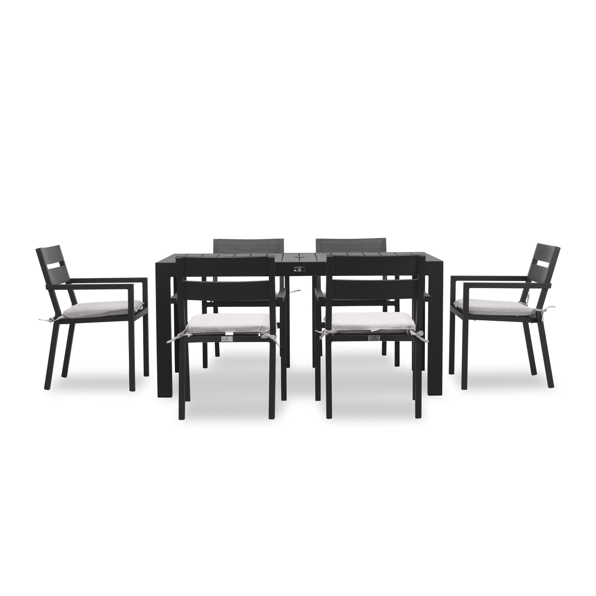 Eartha 63'' Rectangular 6 - Person Outdoor Dining Set with Cushions, Cast Silver Sunbrella®, Black