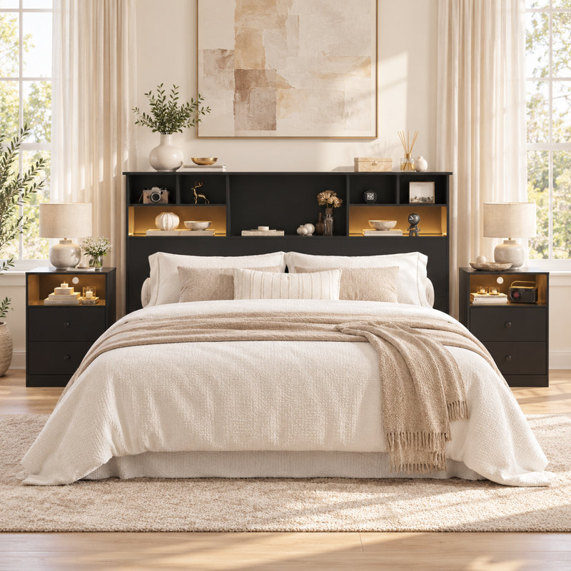81.5"W Modern Bookcase Headboard With 2-Drawer Nightstand Set (King)