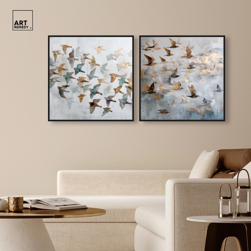 Sky Full of Wings Canvas Print Gold Boho Wall Art Set by Art Remedy, Black Frame, 12 x 12, 25" H x 25" W, Black Frame