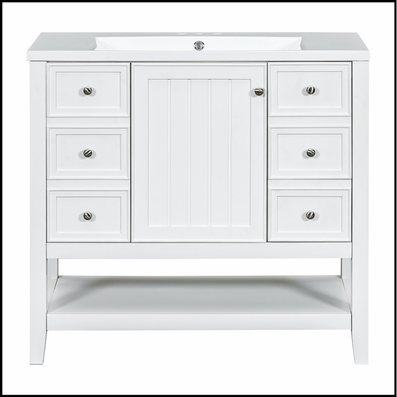 Meuble-lavabo de 36 pouces en bois massif et panneau de fibres à densité moyenne avec lavabo, une armoire et trois tiroirs pour un rangement durable