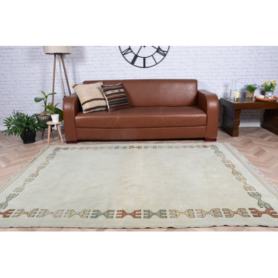 Large Vintage Turkish Rug in Beige Wool for Kitchen and Dining Room Spaces