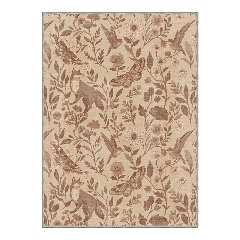 Woodfell Rustic Machine Washable Beige / Brown Indoor Area Rug with Non-Slip Backing, Rectangle 6' x 9'