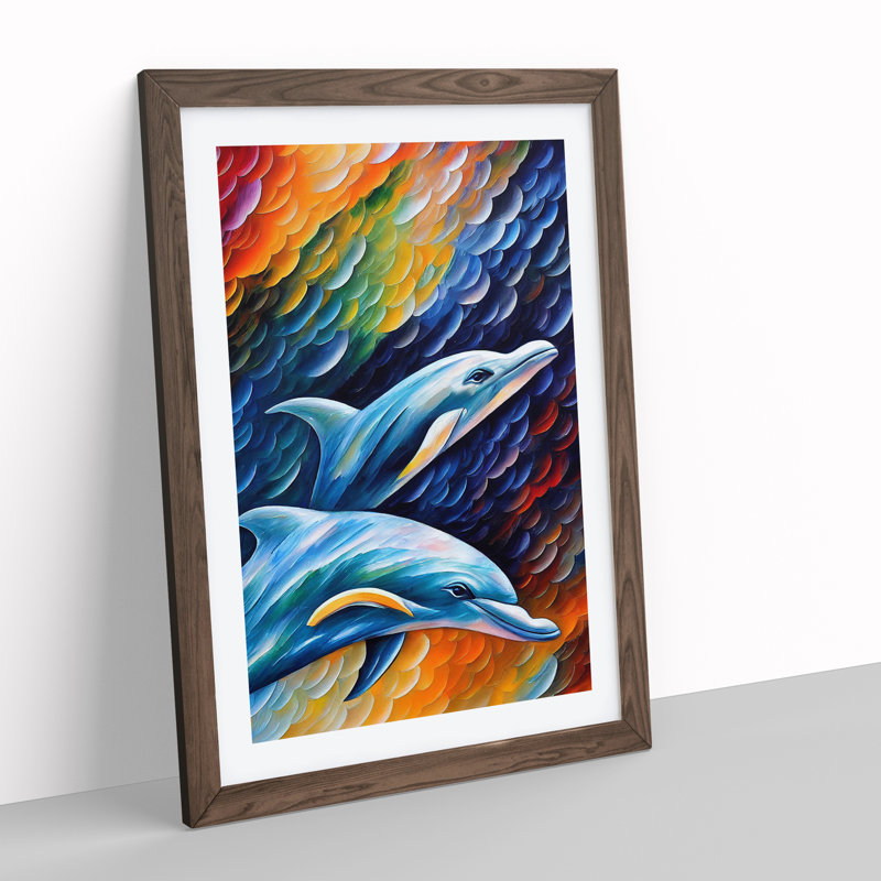 Two Dolphin - Single Picture Frame Painting, 34cm H x 25cm W, Brown