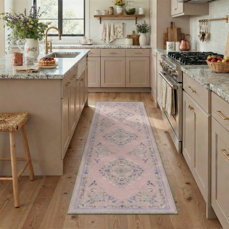 Abadou Auraflora Floral Birds Machine Washable Pink / Blue / Green Indoor Area Rug with Non-Slip Backing, Runner 2' x 7'