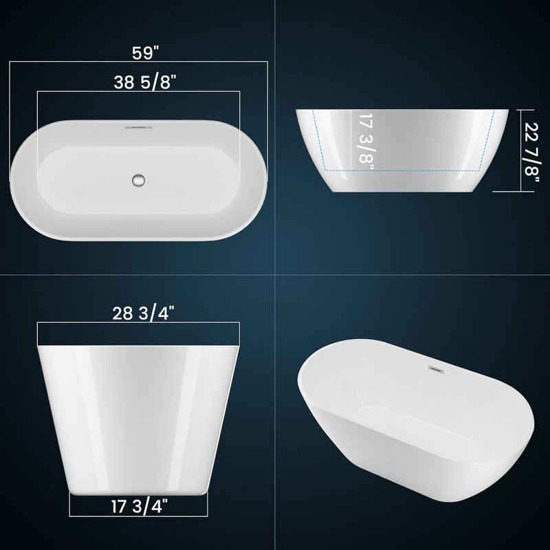 59"/67" Acrylic Freestanding Bathtub, Oval Deep Soaking Tub with Chrome Drain, cUPC Certified