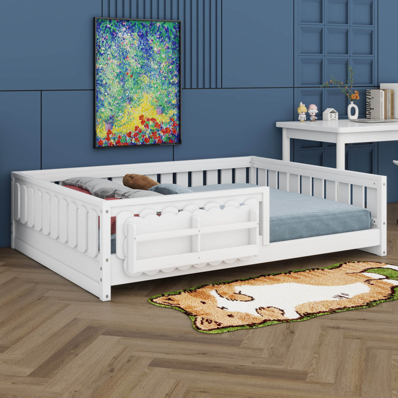 Full Size Platform Bed With Built-In Storage Shelves And Safety Guardrail For Kids Boys Girls, White, Full