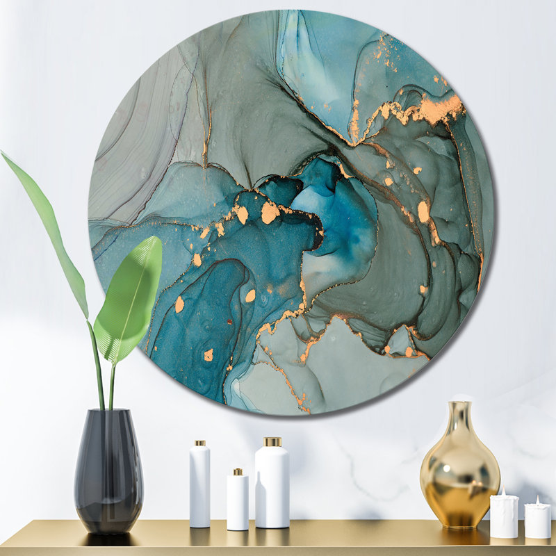 Art mural rond moderne en métal turquoise et marbre infusé d'or, H 23 po x l 23 po x P 1 po