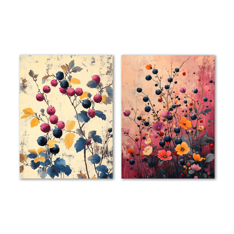 «Pink Delicate Berries», ensemble de 2 impressions murales en métal, 32" H x 48" W