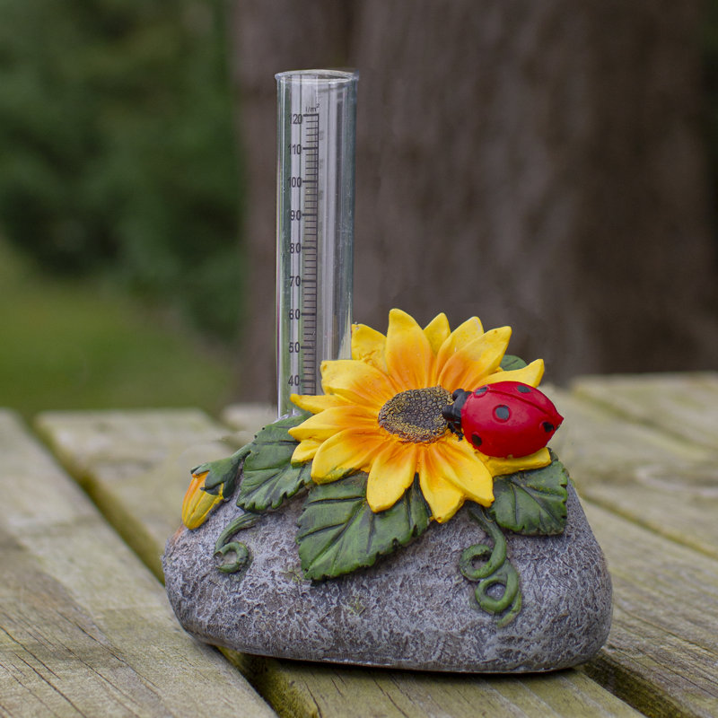 7" Sunflower and Ladybug Polyresin Rock Garden Rain Gauge