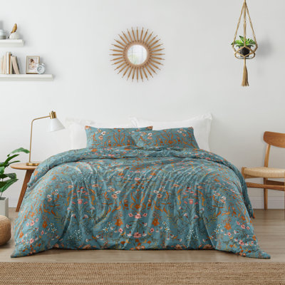 Boho Floral Wildflower Blue and Orange Brushed Microfiber 3 Piece Queen Duvet Cover Bedding Set