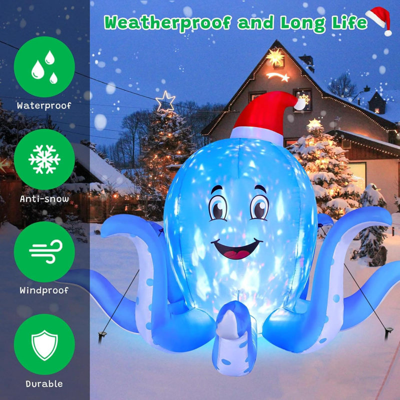 Décoration de Noël gonflable de pieuvre pour l'extérieur, pieuvre bleue gonflable avec chapeau de Noël, célébration à DEL rotative intégrée pour la cour intérieure