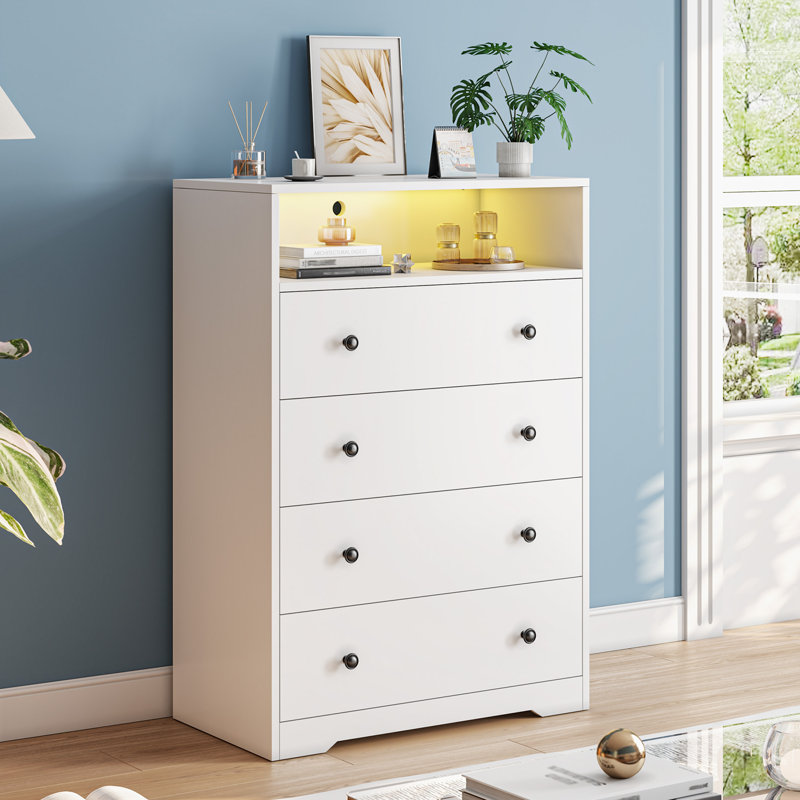 4 Drawer Dresser With Led Light, Wood Dresser For Bedroom With Open Shelves, White/Black