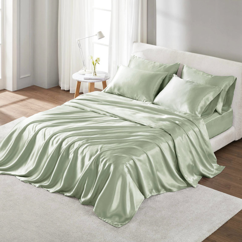 Ensemble de draps 4 pièces en satin de luxe sauge - froissé, lisse et soyeux, sans produits chimiques, comprend des taies d'oreiller douces pour les cheveux