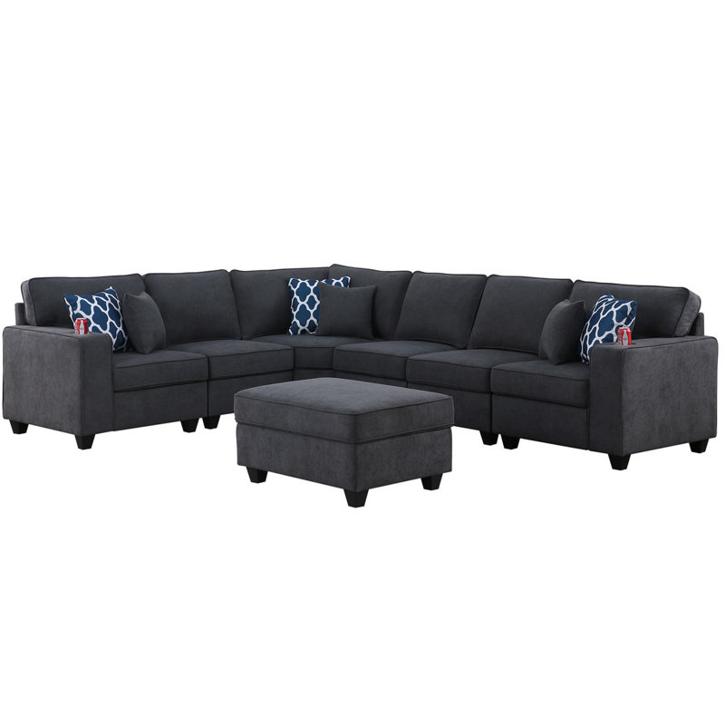 Canapé modulaire en L gris pierre de 125 po à 7 places, 34,25 po x 26,5 po, hauteur des accoudoirs de 24,25 po, sièges rembourrés en mousse avec porte-gobelet et pièces modulaires, hauteur