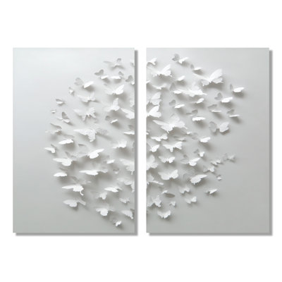 Summer White Butterflies In The Sky - Abstract Collages Wall Art, White Contemporary Canvas Print 2 Piece