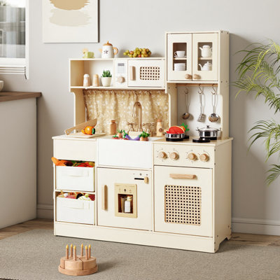 Kids Wooden Play Kitchen Set With Stove Sink And Ice Maker, Pretend Cooking Kitchen With Storage Bins And Accessories For Toddlers And Children