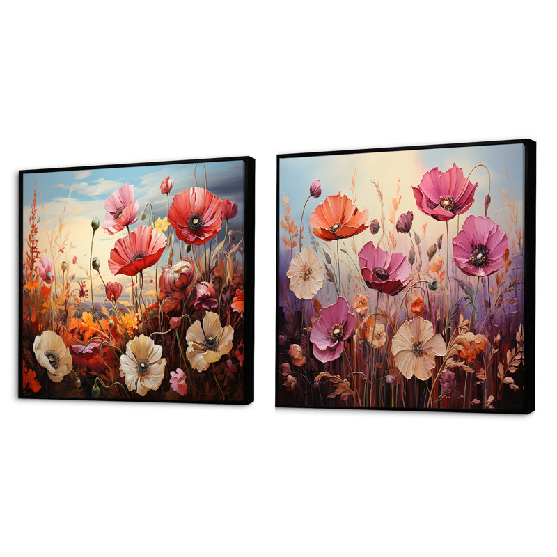 «Pink Crimson Flower Meadow Field», ensemble de 2 collages floraux carrés, Cadre flottant noir, H 36 po x l 73 po