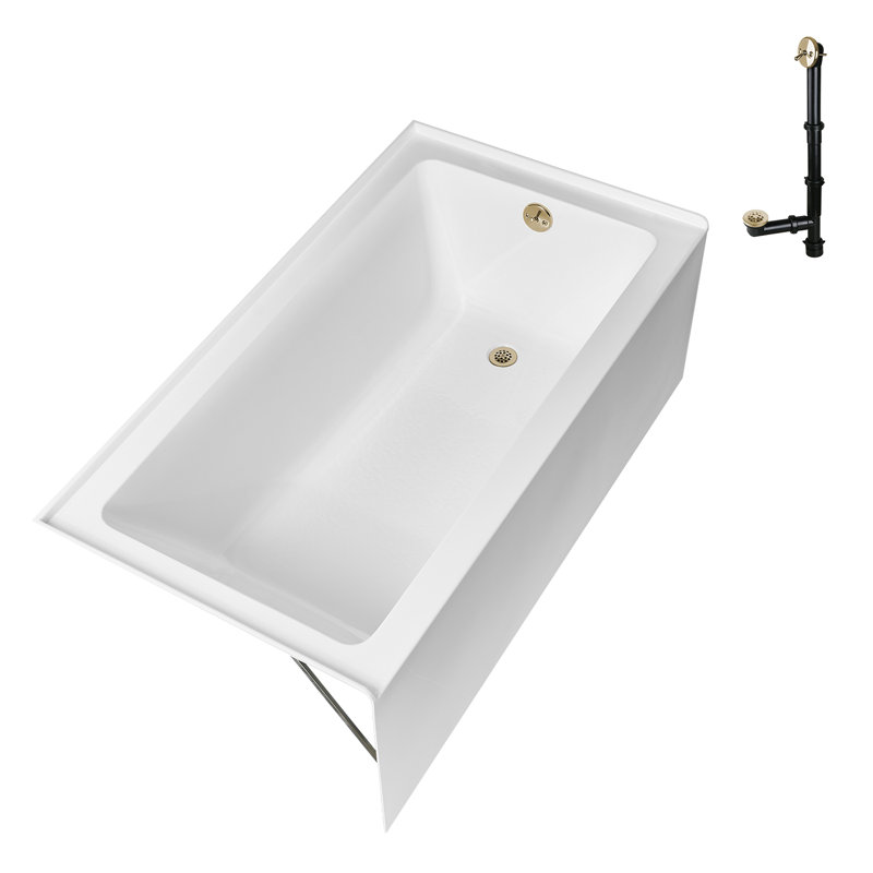 Streamline 60 in. x 30 in. Acrylic Right-Hand Drain Alcove Bathtub in Glossy White With External Drain, Polished Brass