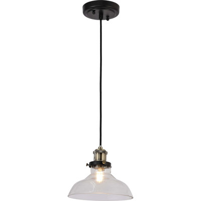 1-Light Black and Antique Brass Single Island Pendant Light with Clear Glass Dome Shade
