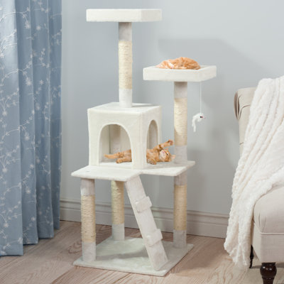 Arbre à chat PETMAKER 4FT - Tour pour chats d'intérieur avec perchoirs, maisonnette pour chat, poteaux à griffer, jouet suspendu et échelle, blanc