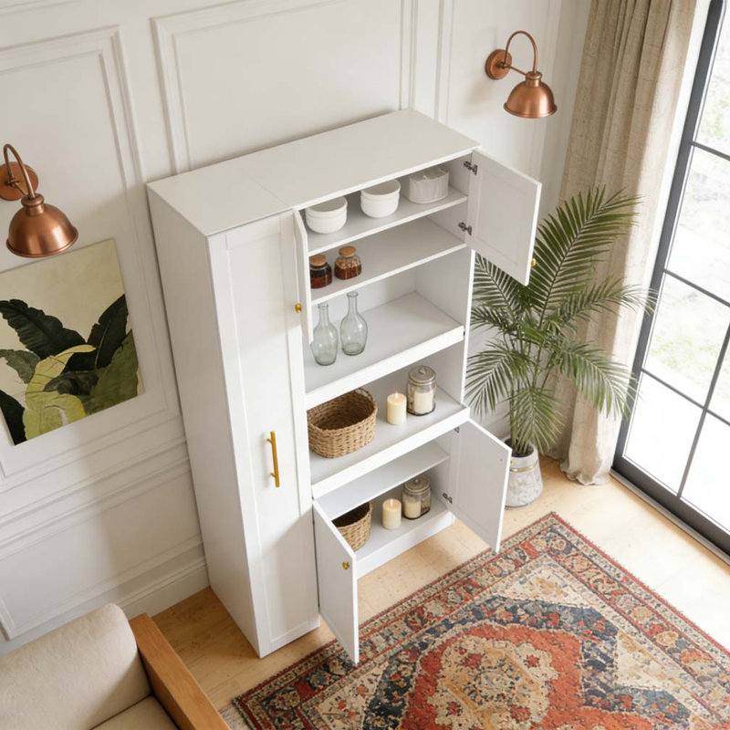 Armoire de cuisine avec tablette de rangement coulissante multifonctionnelle à plusieurs niveaux, White