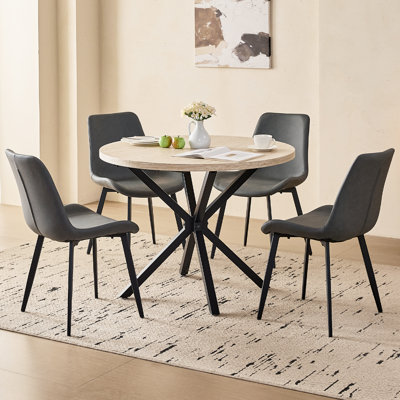 5-Piece Modern Round Dining Set, 39" Beige Stone Pattern Table with 4 Grey Faux Leather Chairs