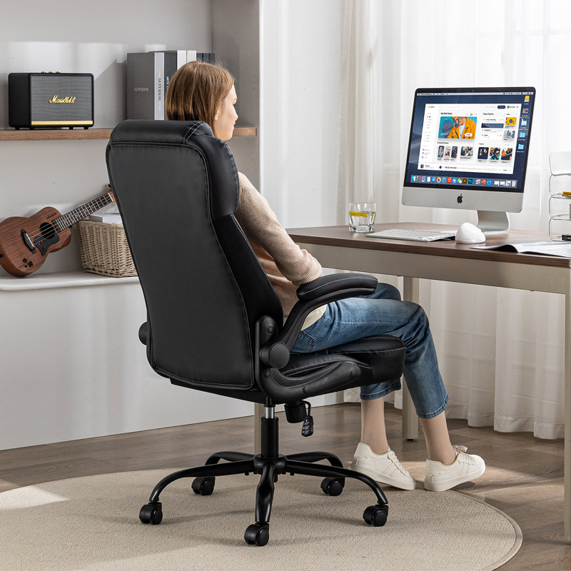Ergonomic Computer Desk Chair With Adjustable Flip-up Arms, Lumbar Support Swivel Task Chair With Rocking Function, Black