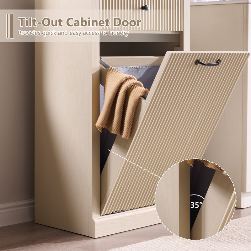 Armoire à paniers à linge avec tiroirs, panier à linge cannelé pour salle de bain Modern, Crème, Une seule porte