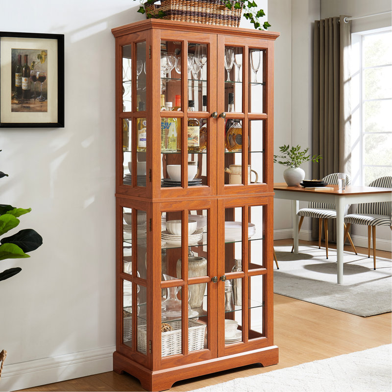 Antique Dark Oak Glass Showcase, Adjustable Shelving, Double - Opening Doors, Lighting, Dining Area Decor American Design Showcase With Shelves, And E26 Bulb For Textile Display