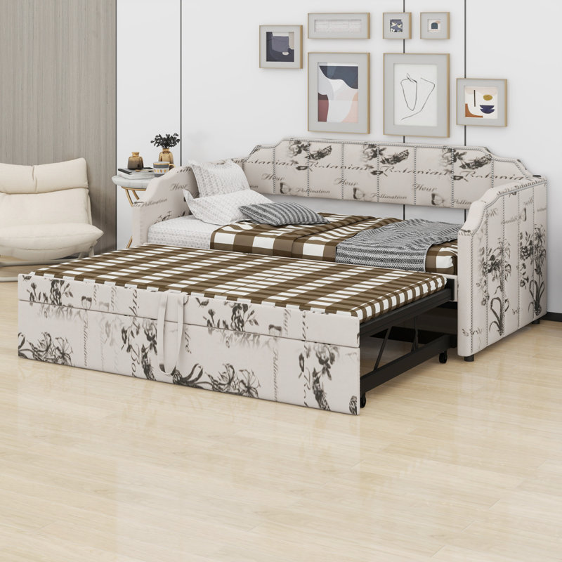 Structure de lit de jour rembourrée Comfort avec couchette escamotable et ports de chargement USB, Imprimé botanique