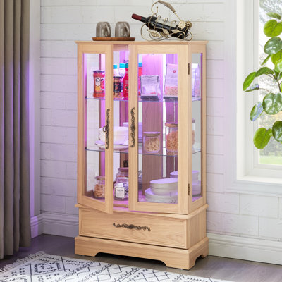 Vitrine lumineuse en verre éclairé, 2 portes, 1 tiroir, tablettes réglables, lumières à DEL, finition chêne - attrait rétro américain, rangement pour divers articles, armoire facile à installer avec indémodable