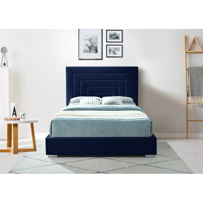 Nora Upholstered Low Profile Platform Bed, King, Navy Velvet